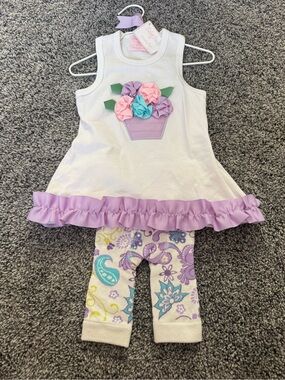 Mud Pie Baby White Top with Pink Label and Lavender Bow